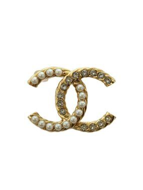 Chanel CC Logo Faux Pearl Rhinestone Brooch Pin Badge Gold Color BB